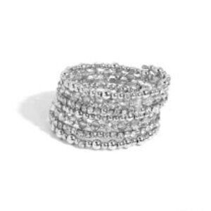Paparazzi - Silver Bead White Rhinestone Spring Coil Bracelet